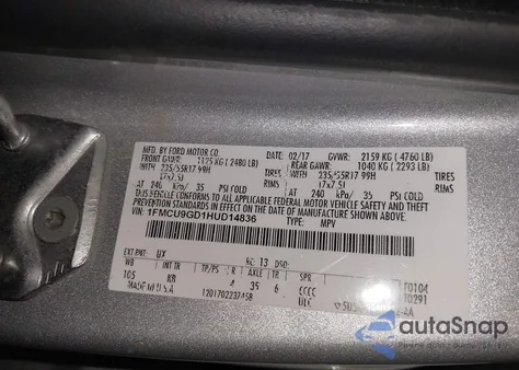 2017 Ford Escape Se from USA, damaged, VIN 1FMCU9GD1HUD14836
